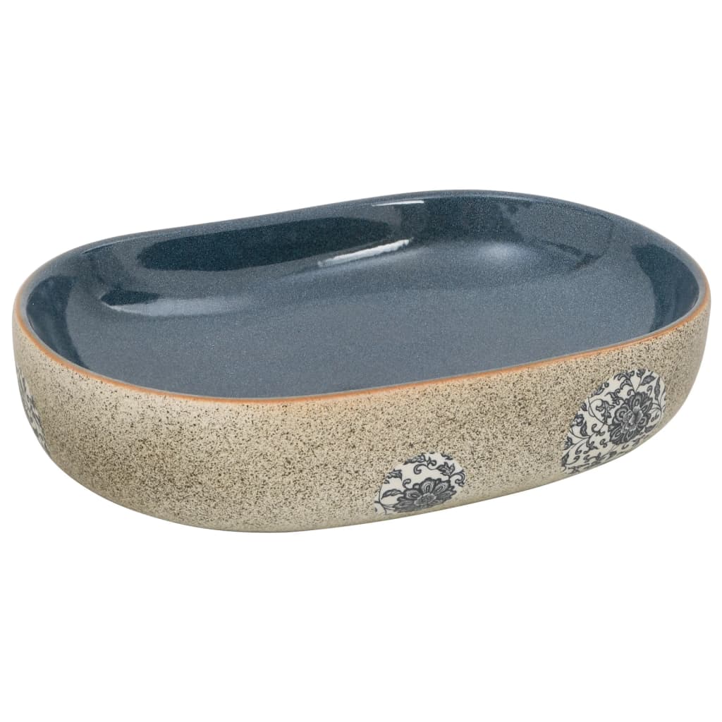Lavoar de blat, nisipiu și albastru 59x40x14 cm, ceramică, oval
