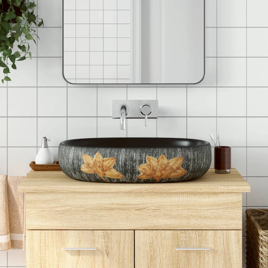 vidaXL håndvask til bordplade 59x40x15 cm oval keramik grå og sort