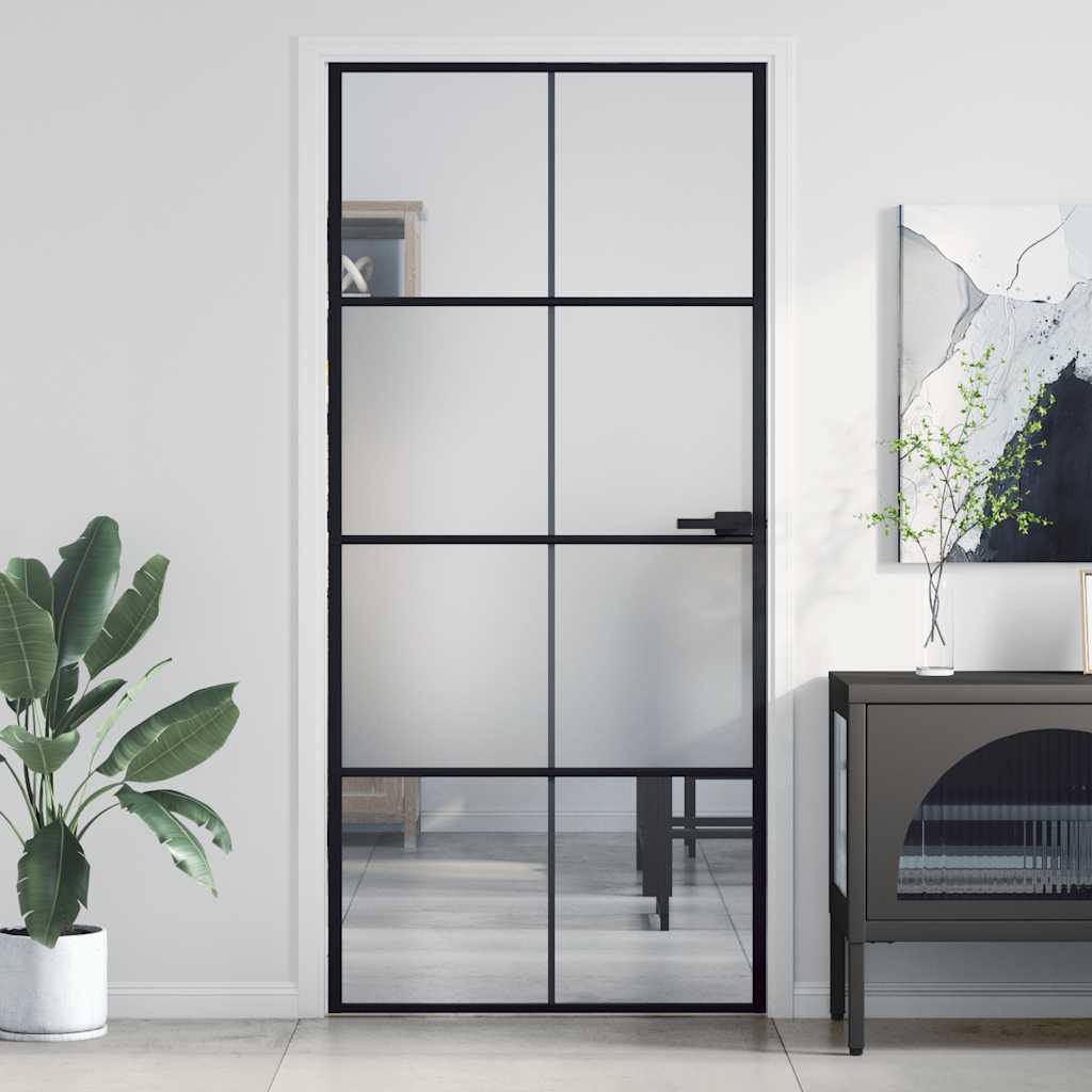 vidaXL Innerdør slank svart 93x201,5 cm herdet glass og aluminium