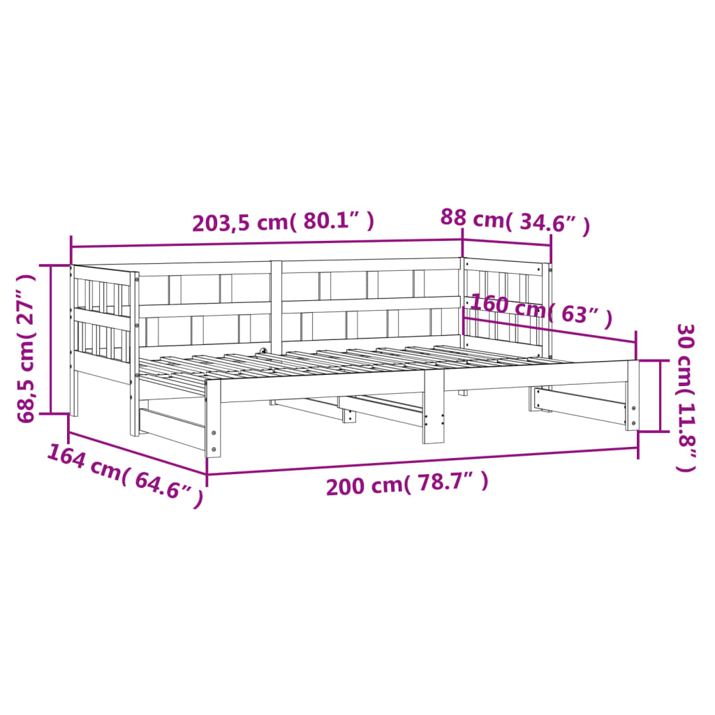 Pat de zi cu extensie, alb, 80x200 cm, lemn masiv de pin