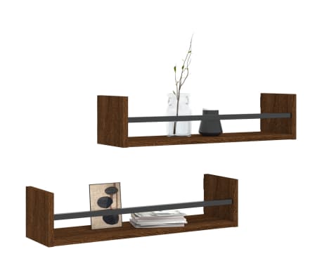 vidaXL Wall Shelves with Bars 2 pcs Brown Oak 60x16x14 cm