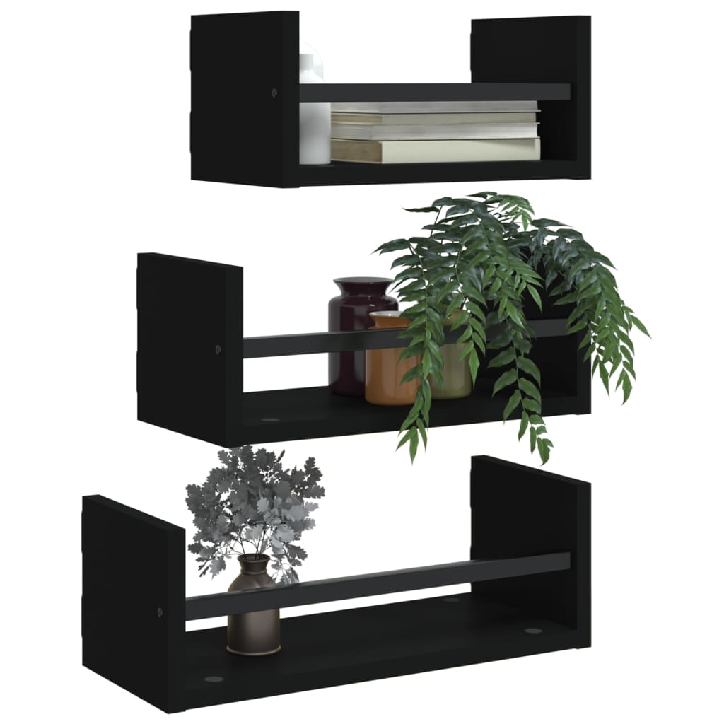 vidaXL 3 Piece Wall Shelf Set with Bars Black Engineered wood