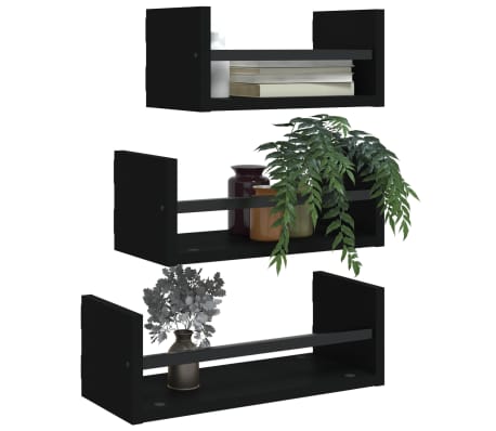 vidaXL 3 Piece Wall Shelf Set with Bars Black Engineered wood