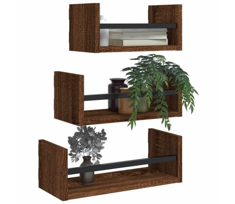 vidaXL Set rafturi de perete cu bare, 3 buc., maro, lemn prelucrat