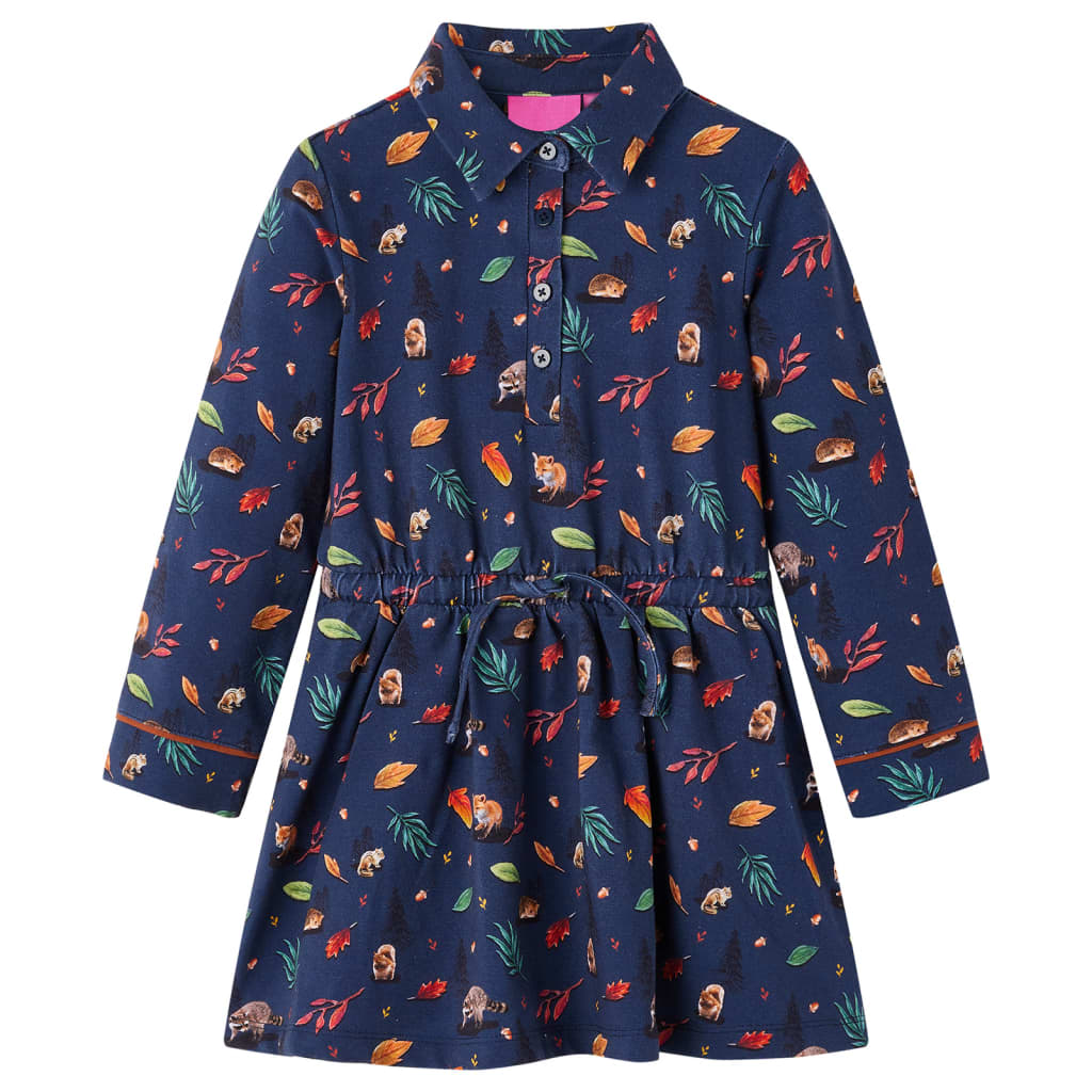 Robe pour enfants à manches longues imprimé feuilles bleu marine 128