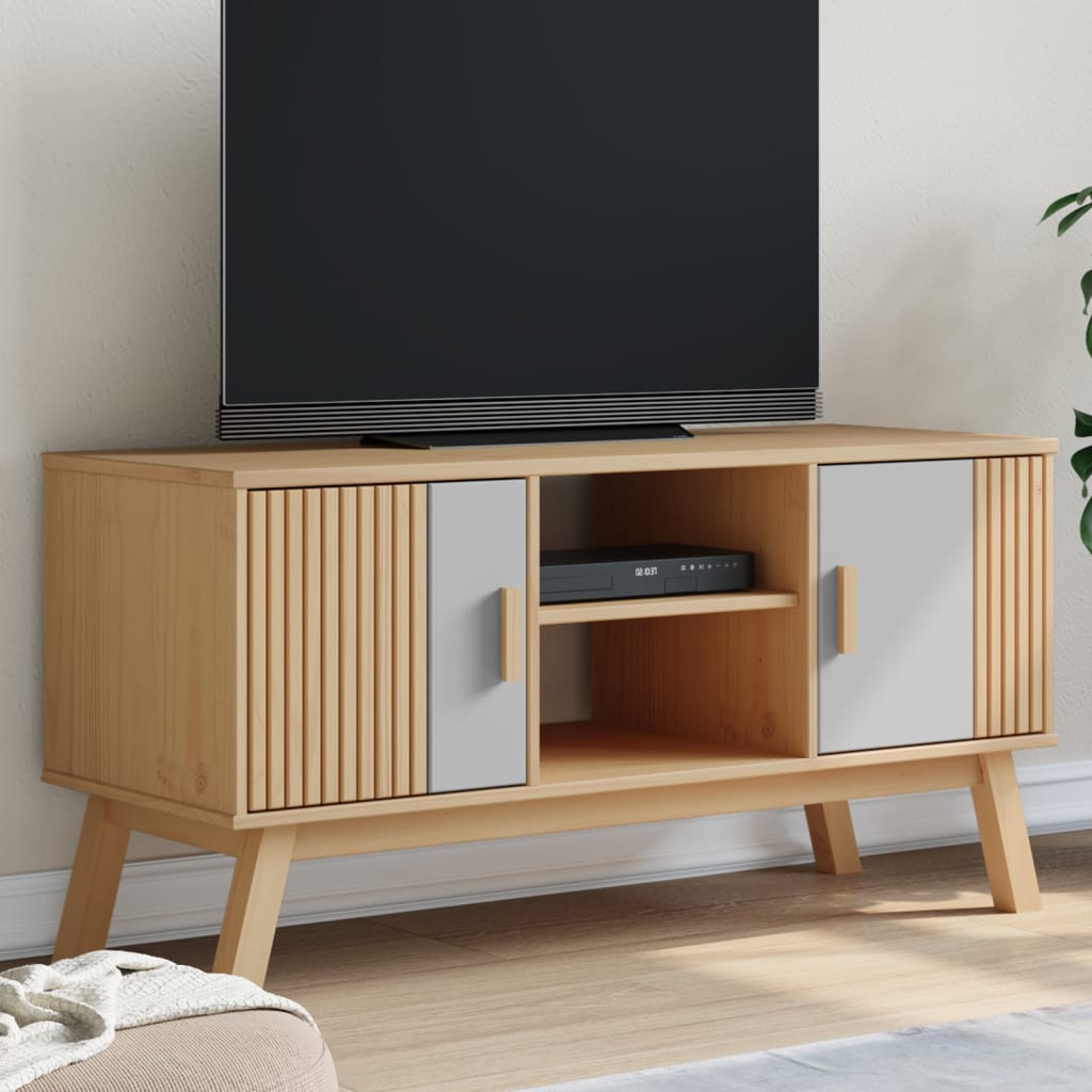TV skříňka OLDEN šedá a hnědá 114x43x57 cm masivní borové dřevo
