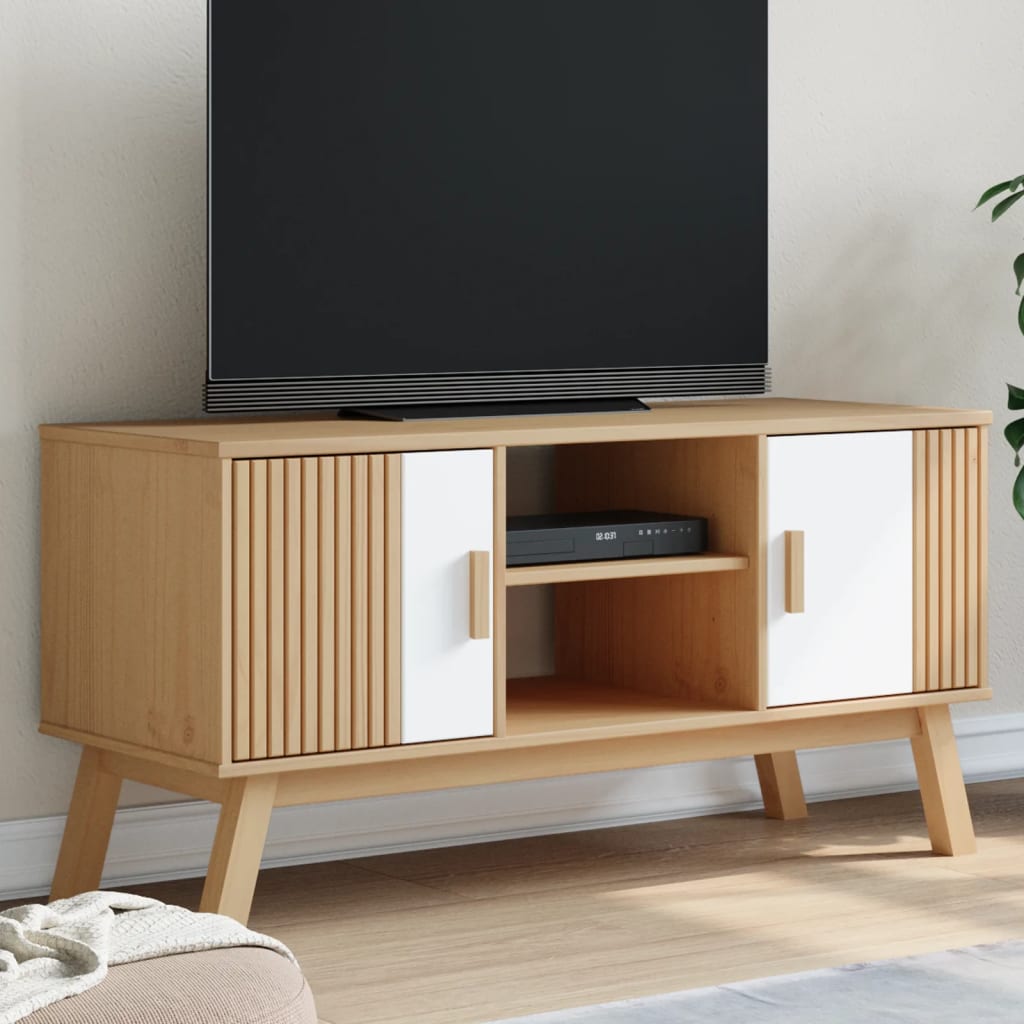 TV skříňka OLDEN bílá a hnědá 114x43x57 cm masivní borové dřevo