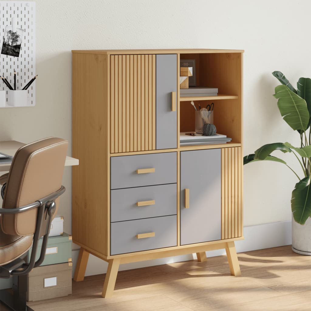 vidaXL Hoge kast OLDEN 85x43x125 cm massief grenenhout grijs en bruin afbeelding