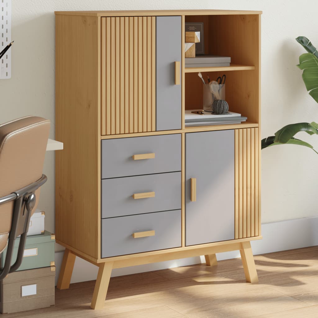 Highboard OLDEN Grau und Braun 85x43x125 cm Massivholz Kiefer