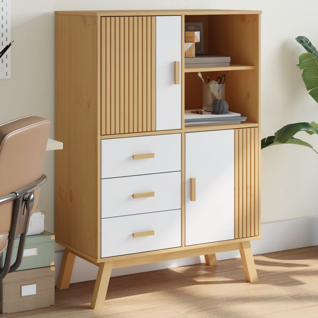 vidaXL Highboard OLDEN Weiß und Braun 85x43x125 cm Massivholz Kiefer