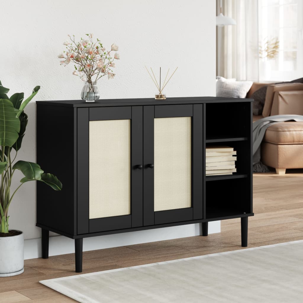 vidaXL Sideboard SENJA Rattan-Optik Schwarz 112x40x80 cm Kiefernholz