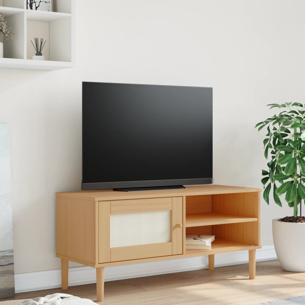 vidaXL Comodă TV SENJA aspect ratan maro, 106x40x49 cm, lemn masiv pin