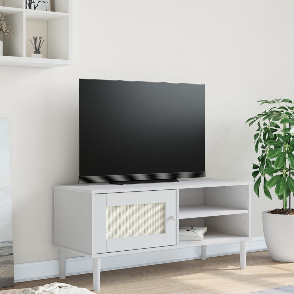 vidaXL Comodă TV SENJA aspect ratan alb, 106x40x49 cm, lemn masiv pin