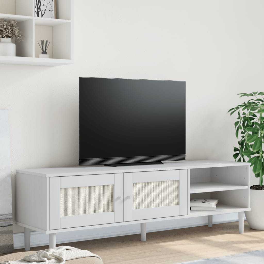 vidaXL Comodă TV SENJA aspect ratan alb, 158x40x49 cm, lemn masiv pin
