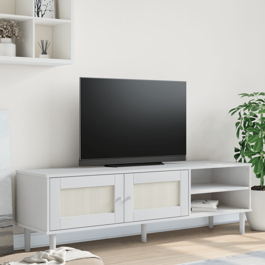 vidaXL tv-bord SENJA 158x40x49 cm rattan-look massivt fyrretræ hvid