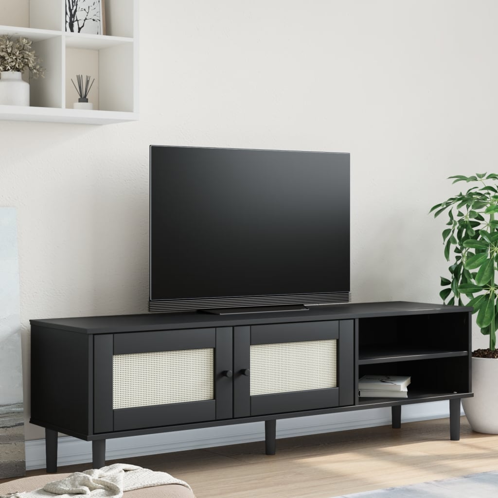 vidaXL Comodă TV SENJA aspect ratan negru, 158x40x49cm, lemn masiv pin