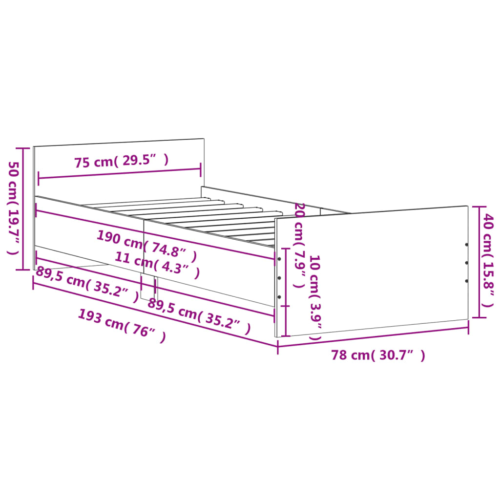 Cadru de pat mic single, alb, 75x190 cm, lemn prelucrat