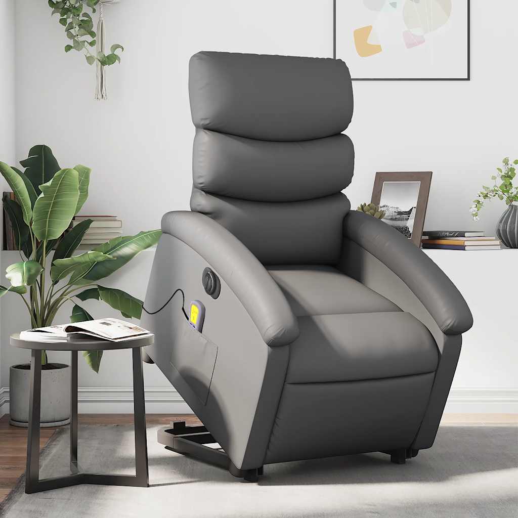 vidaXL Fotoliu masaj rabatabil electric cu ridicare, gri, piele eco