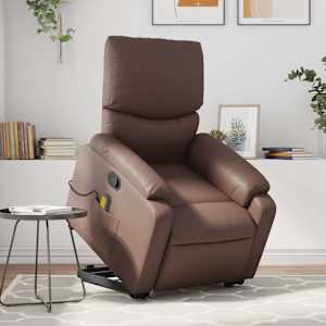 Masažni naslanjač s funkcijo vstajanja rjavo umetno usnje