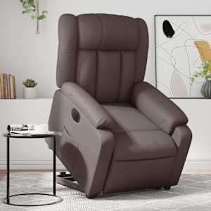 Električni naslanjač s funkcijo vstajanja rjavo umetno usnje