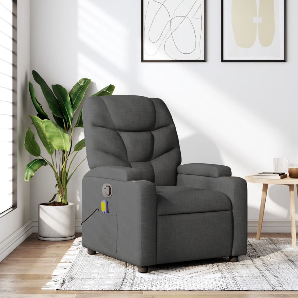 vidaXL Fotoliu reclinabil cu masaj, gri închis, material textil