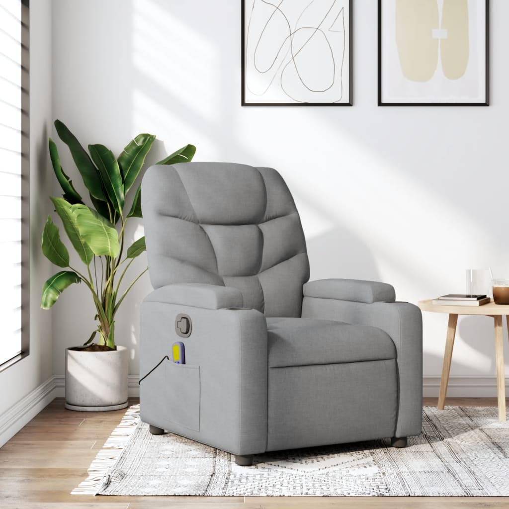 vidaXL Fotoliu reclinabil cu masaj, gri deschis, material textil