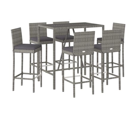 vidaXL 7 Piece Garden Bar Set with Cushions Grey Poly Rattan