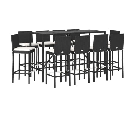 vidaXL 11 Piece Garden Bar Set with Cushions Black Poly Rattan