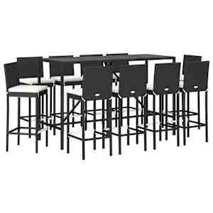 vidaXL 11 Piece Garden Bar Set with Cushions Black Poly Rattan