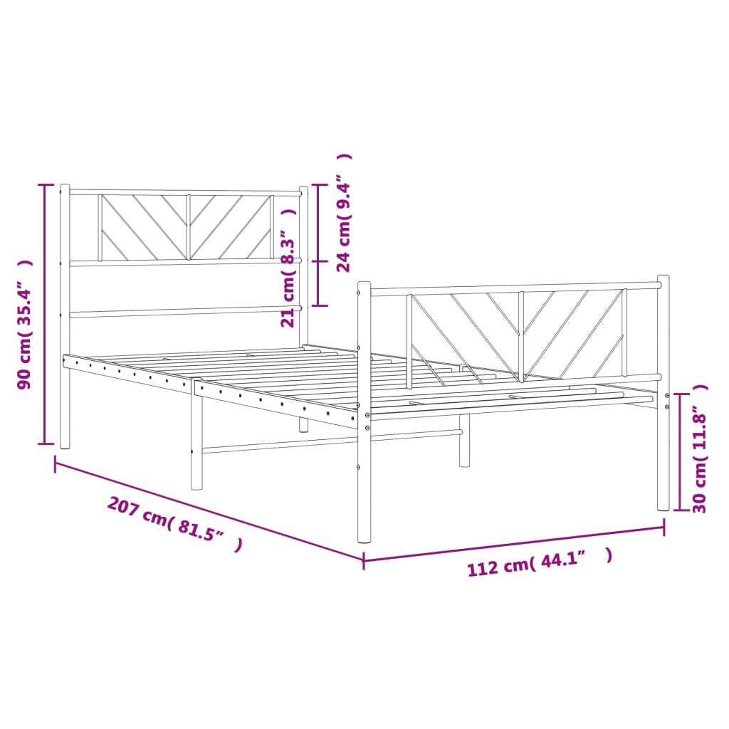 Cadru pat metalic cu tăblii de cap/picioare, negru, 107x203 cm