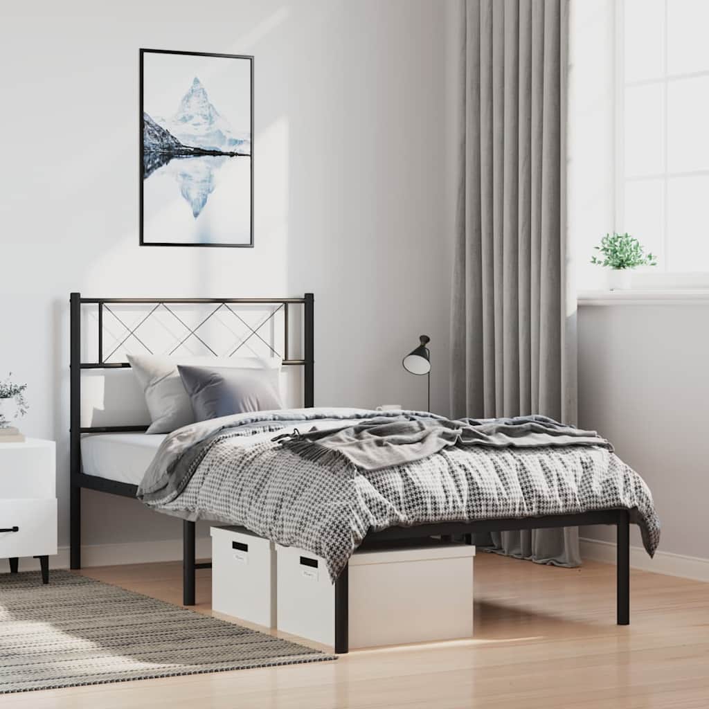 vidaXL Bedframe met hoofdbord metaal zwart 100x190 cm, foto 2