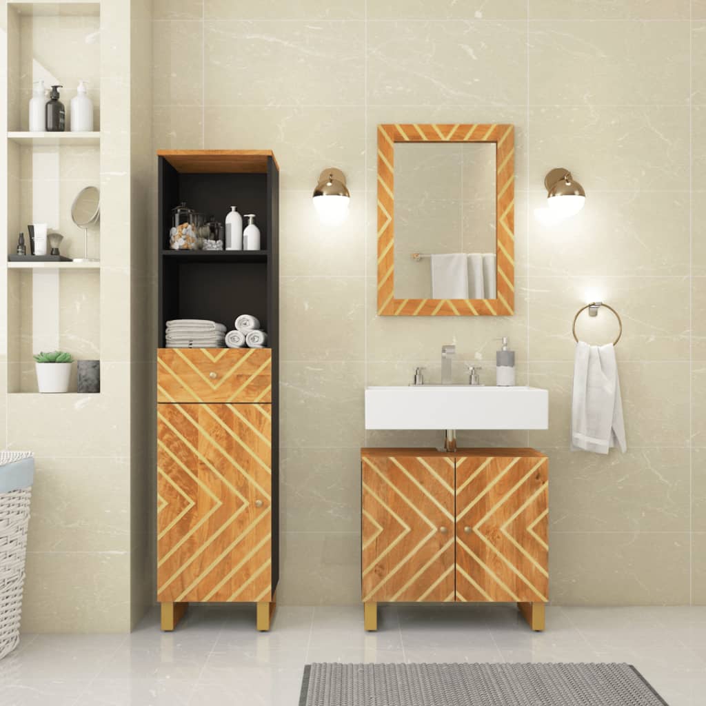 vidaXL Set dulapuri de baie, 3 piese, maro și negru, lemn masiv mango