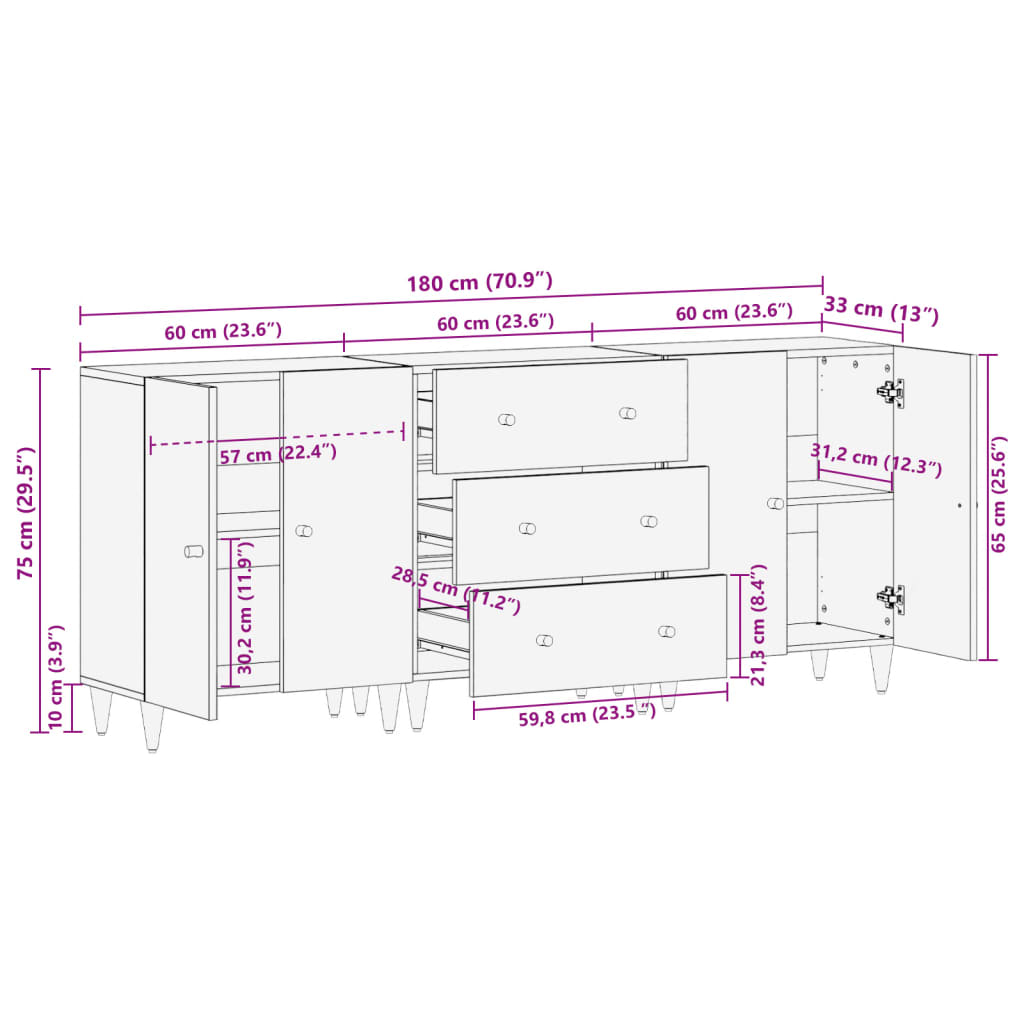 Bijzetkasten 3 st 60x33x75 cm massief mangohout image 13