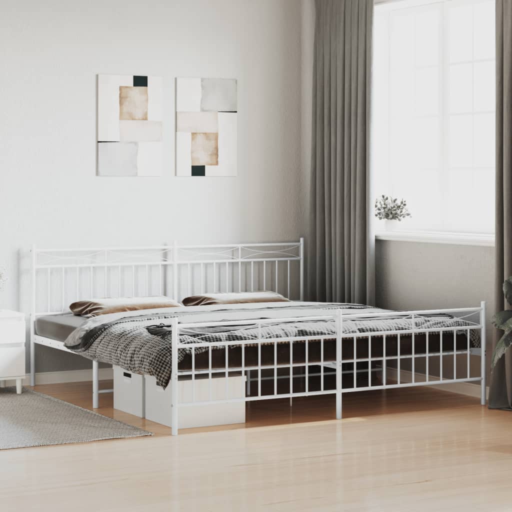 Kovový rám postele s hlavovým a nožním čelem bílý 193 x 203 cm
