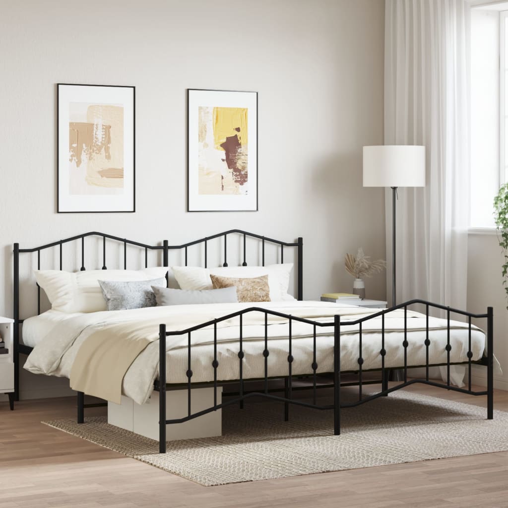 Kovový rám postele s hlavovým a nožním čelem černý 200 x 200 cm