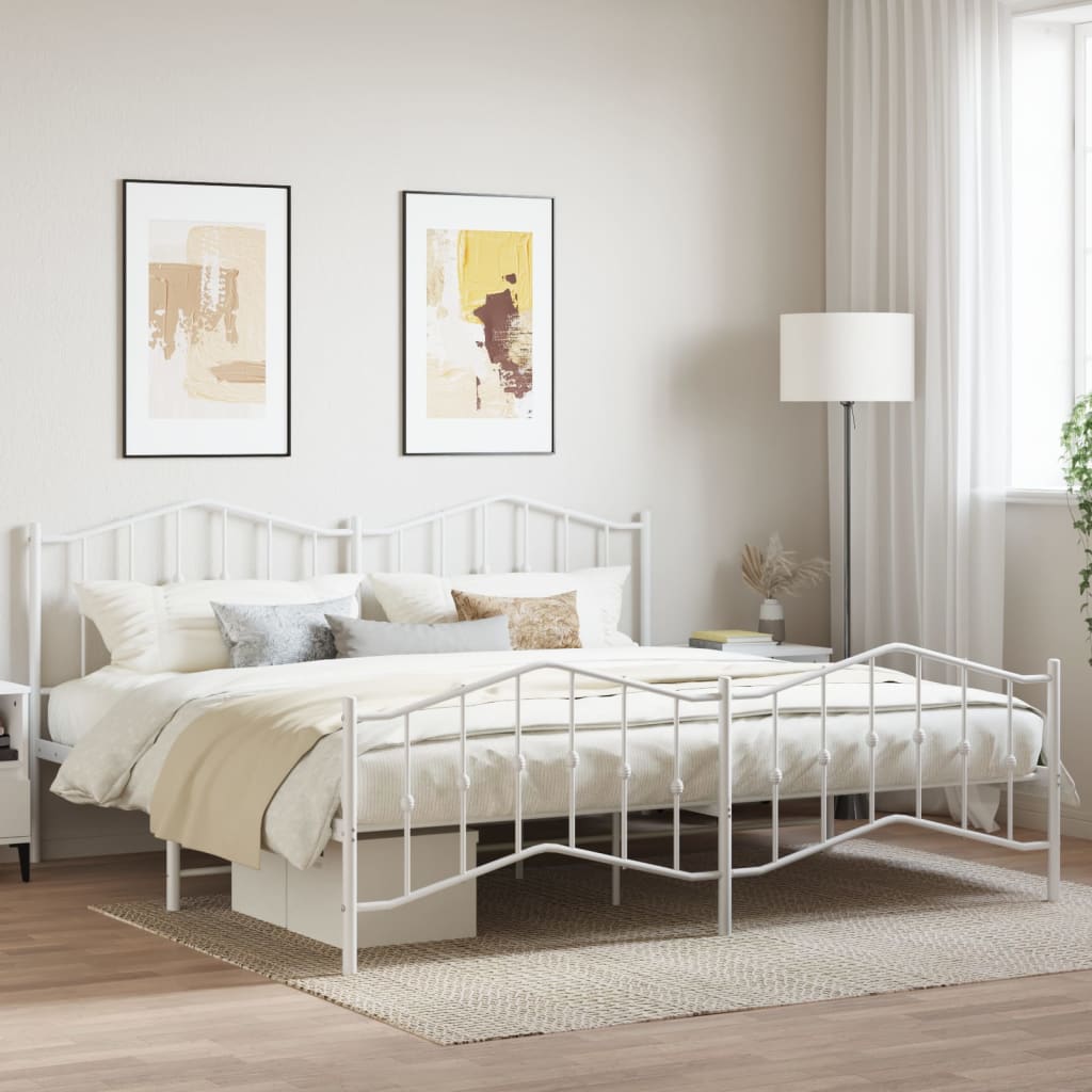 Kovový rám postele s hlavovým a nožním čelem bílý 193 x 203 cm