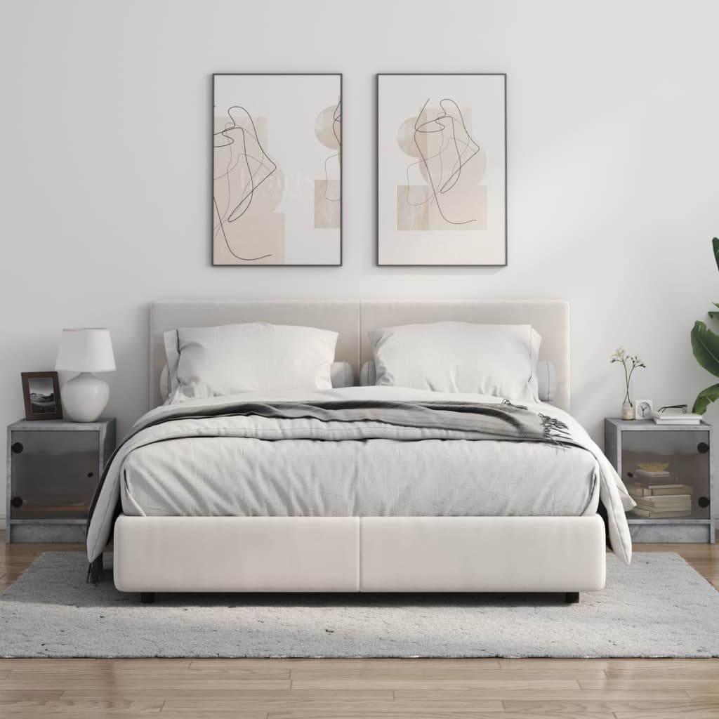 vidaXL Noptiere cu uși din sticlă, 2 buc., gri beton, 35x37x42 cm