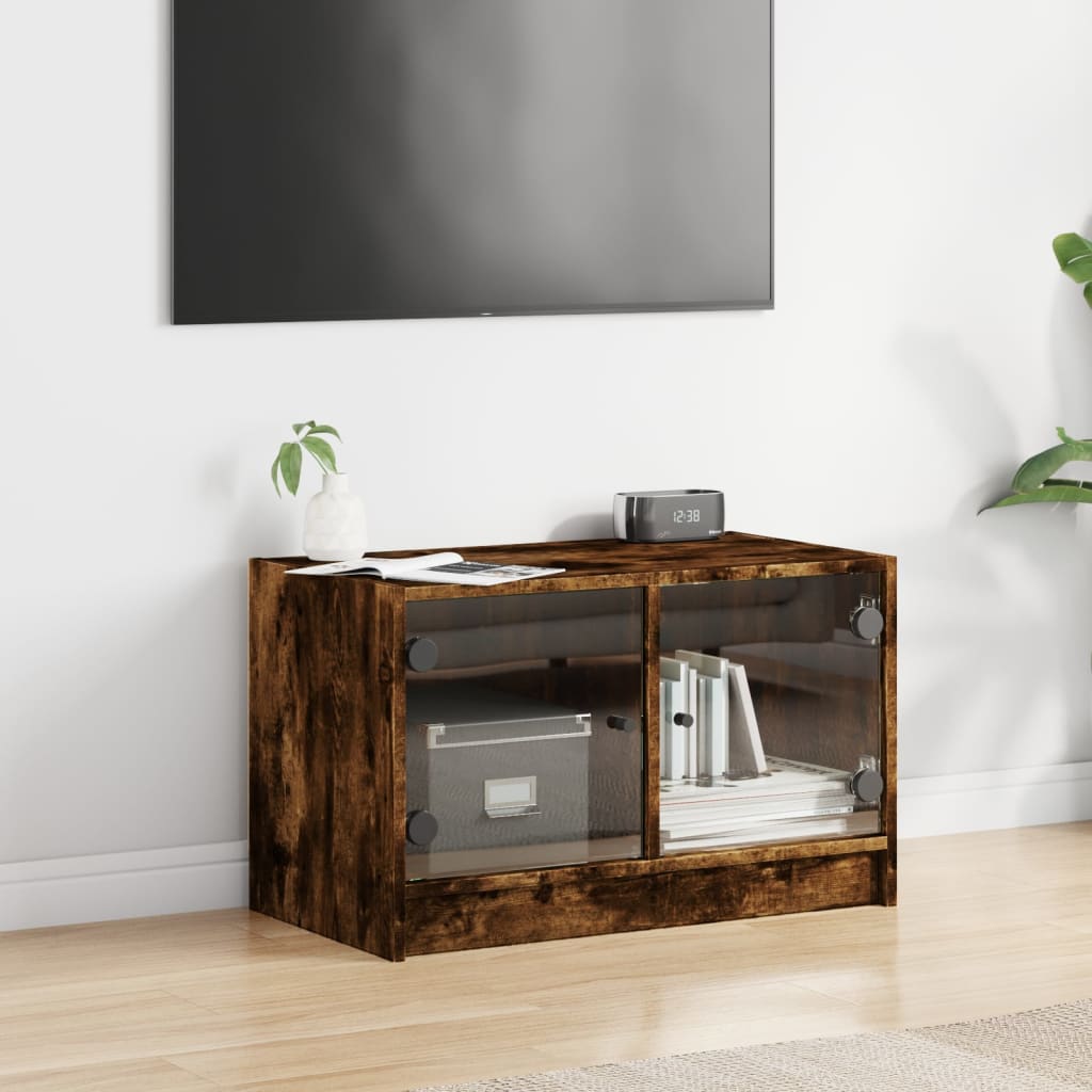 vidaXL Comodă TV cu uși din sticlă, stejar fumuriu, 68x37x42 cm