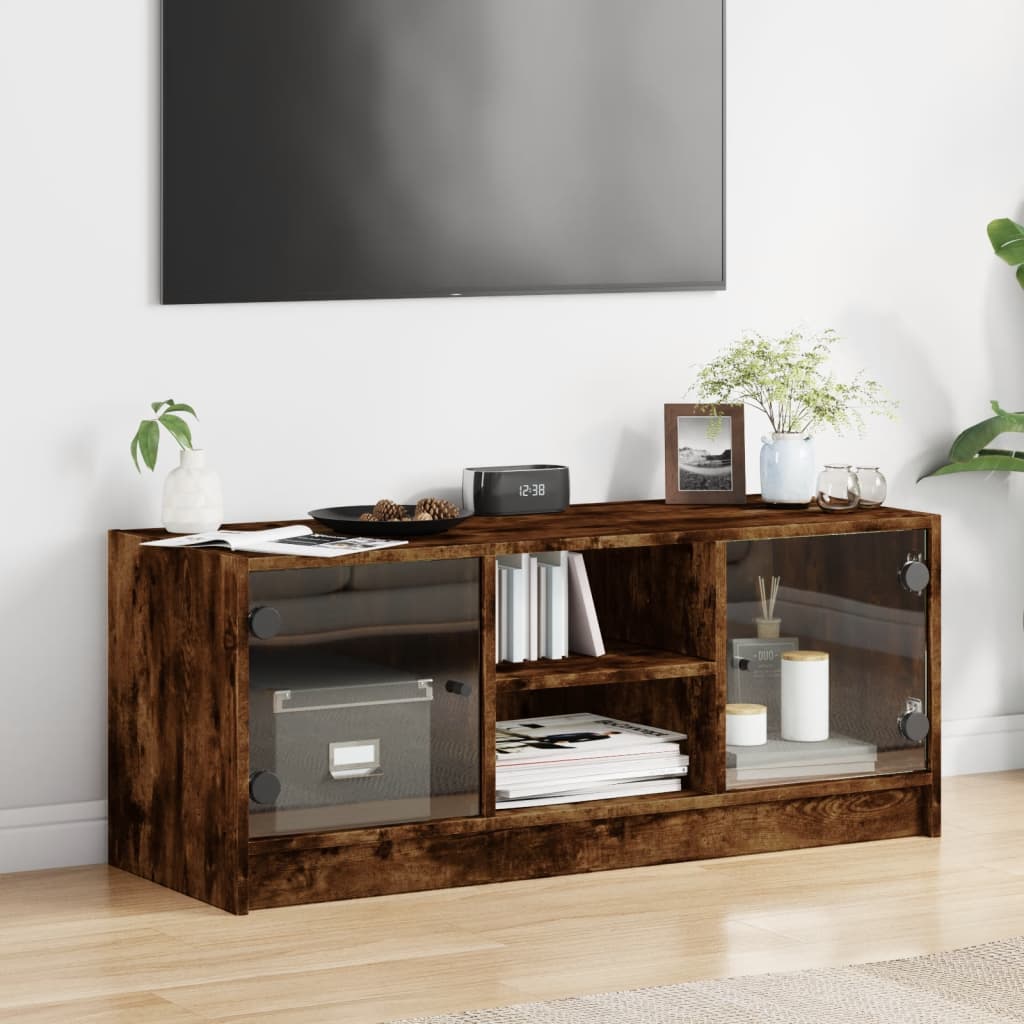 vidaXL Comodă TV cu uși din sticlă, stejar fumuriu, 102x37x42 cm