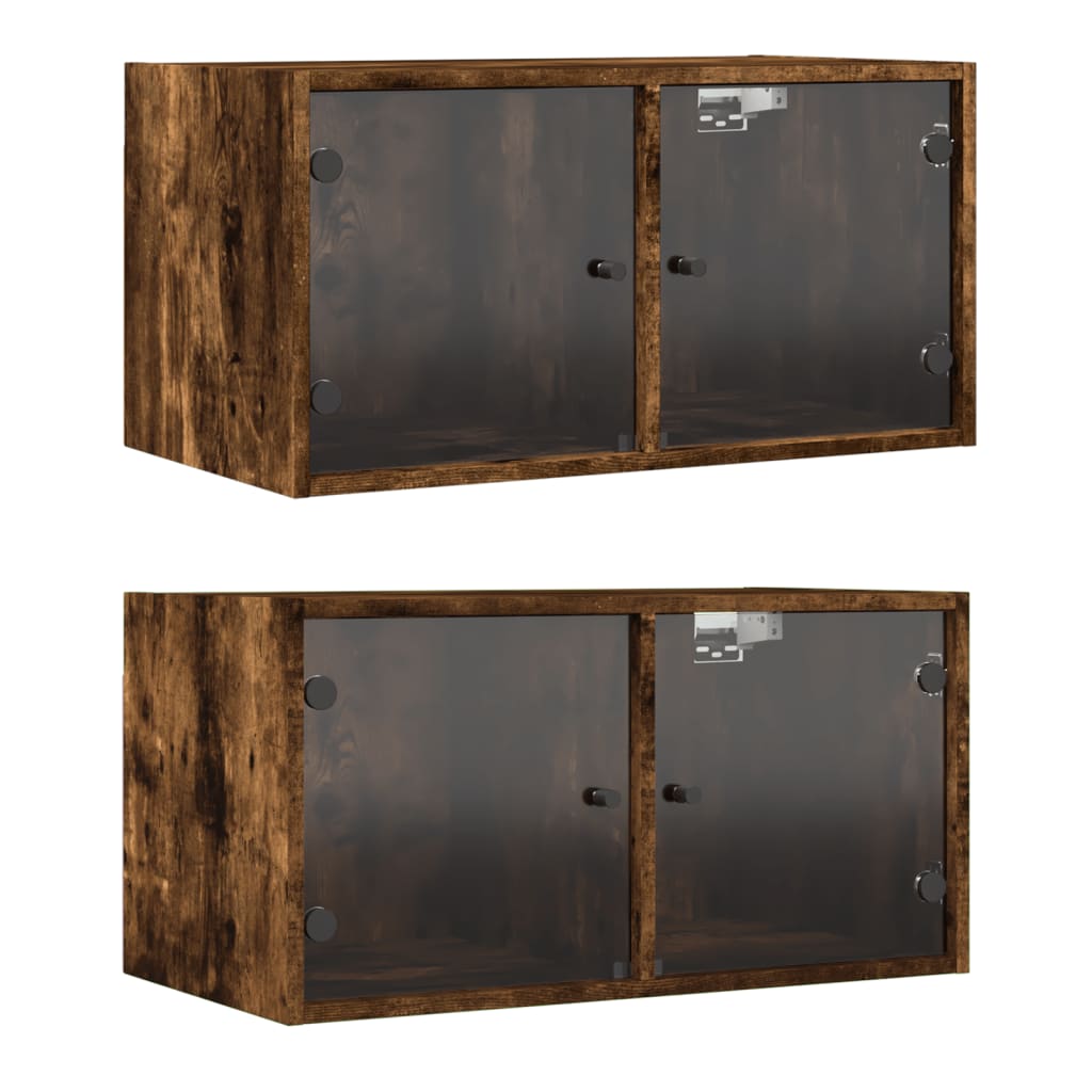 vidaXL Nástěnné skříňky skleněná dvířky 2 ks kouřový dub 68,5x37x35 cm