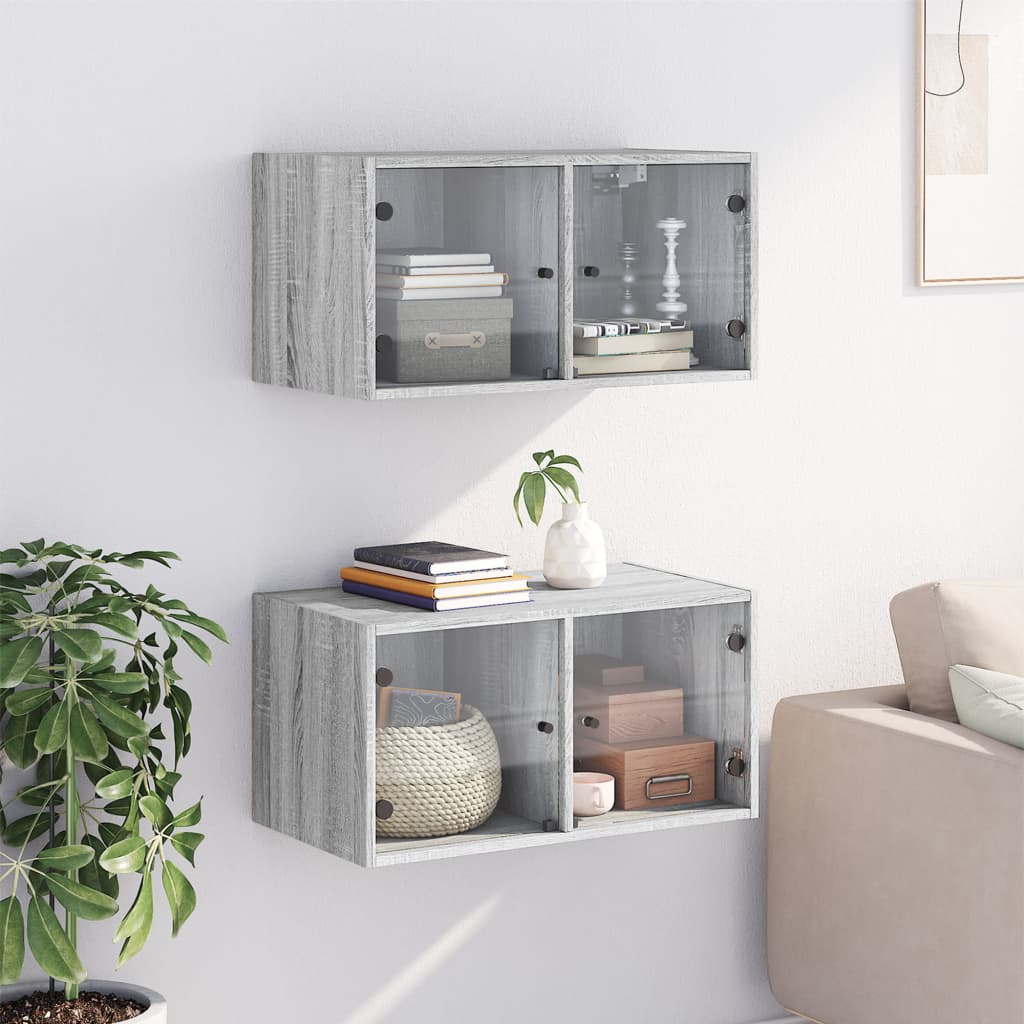 vidaXL Wandkasten met glazen deuren 2 st 68,5x37x35 cm grijs sonoma afbeelding