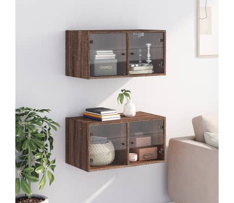 vidaXL Veggskap med glassd&oslash;rer 2 stk brun eik 68,5x37x35 cm