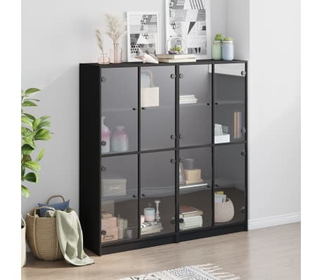 vidaXL Knižnica s dvierkami čierna 136x37x142 cm kompozitn&eacute; drevo