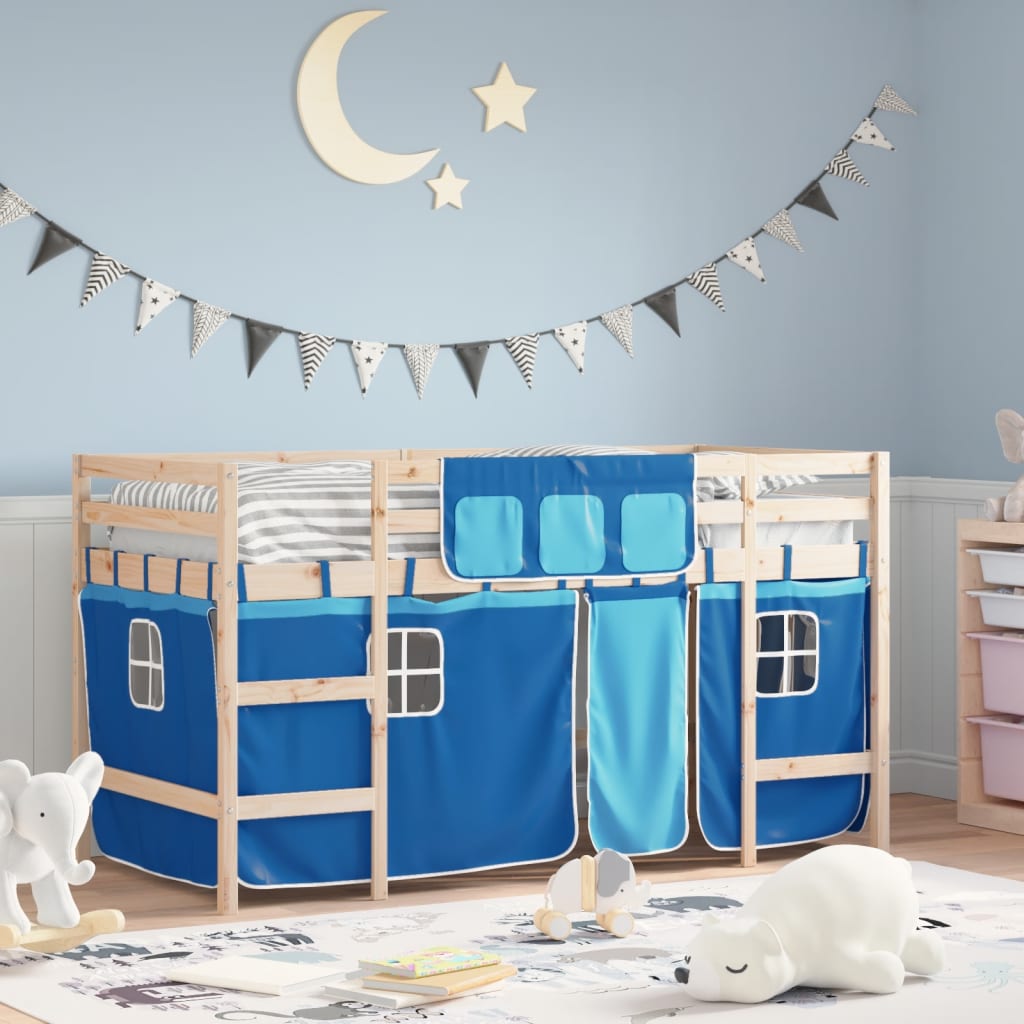 Kinderhochbett mit Vorhängen Blau 80×200 cm Massivholz Kiefer