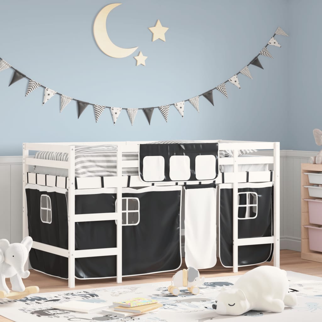 Dětská patrová postel se závěsy bílá a černá 80x200 cm borovice