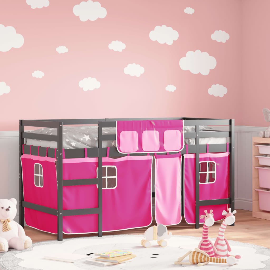 Dětská patrová postel se závěsy růžová 80 x 200 cm borovice