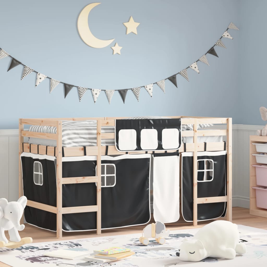Dětská patrová postel se závěsy bílá a černá 90x200 cm borovice