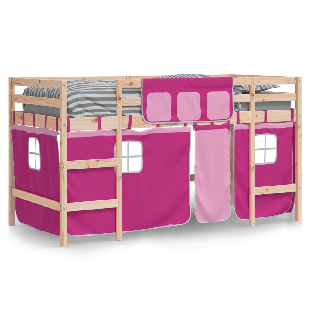 vidaXL Kinderhoogslaper met gordijnen 90x200 cm grenenhout roze afbeelding