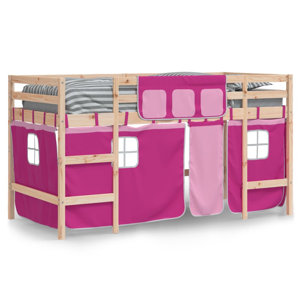 vidaXL Kinderhoogslaper met gordijnen 90x190 cm grenenhout roze afbeelding