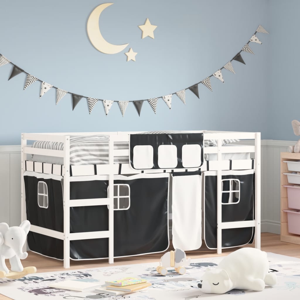 Kinderhochbett mit Vorhängen Weiß Schwarz 90×190 cm Kiefernholz